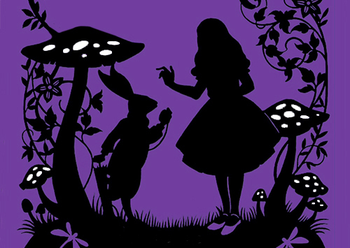 Silhouette illustration of Alice and the White Rabbit amidst giant mushrooms